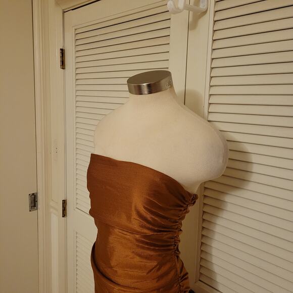 Ruched Strapless Satin Midi Dress Brown Lulu's Small Evening Cocktail - Picture 2 of 9